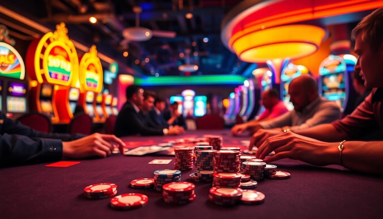Spannendes Spiel auf casino spiele.de mit Spielern am Pokertisch und bunten Chips.