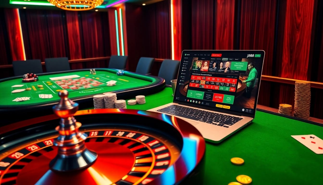 Exciting casino scene showcasing j88.gives with vibrant games and luxurious decor.