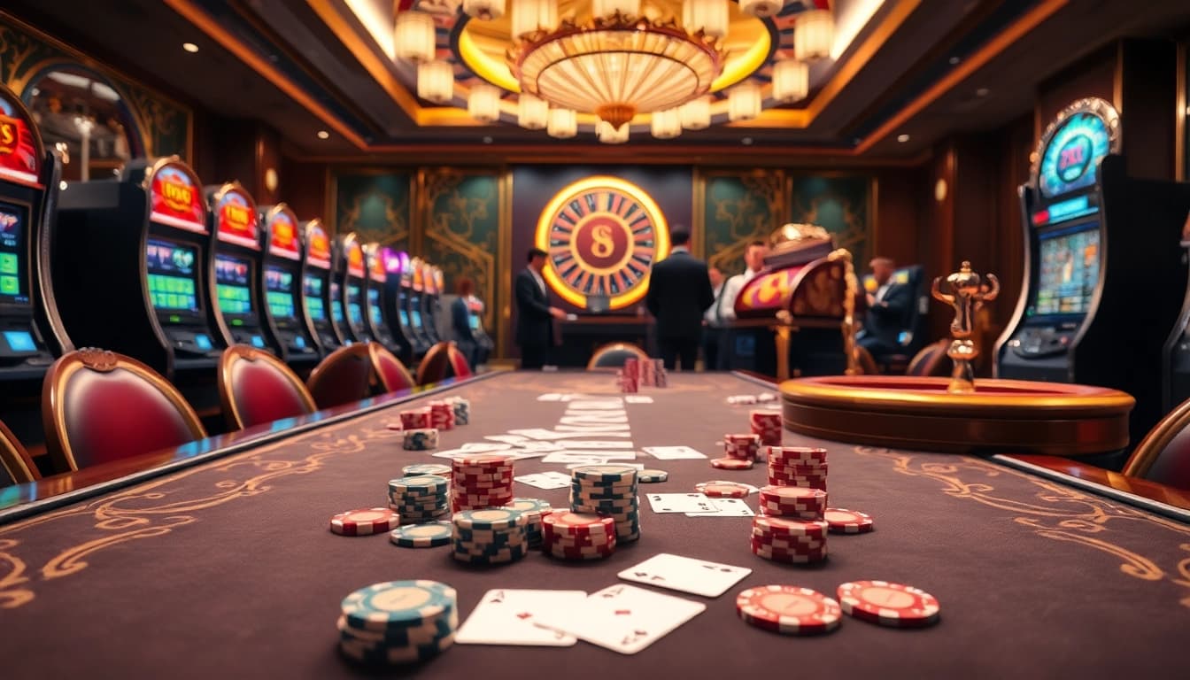 Experience the thrill of RR88 with vibrant casino scenes featuring poker and slot machines.