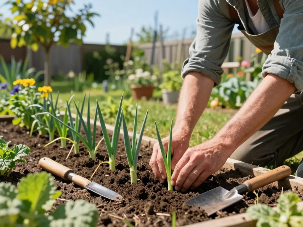 Gardener planting sommerporree seedlings in a sunny vegetable patch.