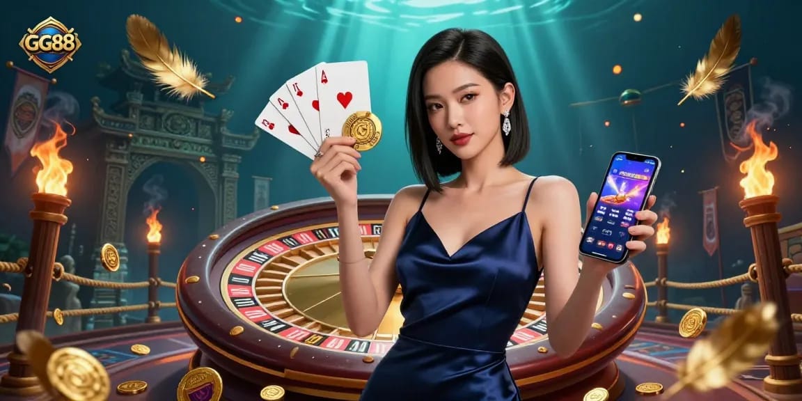 Experience thrilling gameplay at GG88 with the stunning Asian woman featuring a casino app and golden chip.