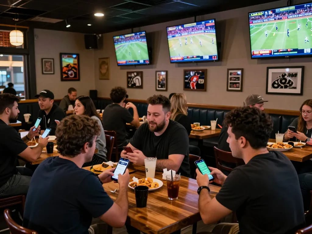 B sport enthusiasts engaged in live betting at a vibrant sports bar, showcasing excitement and camaraderie.