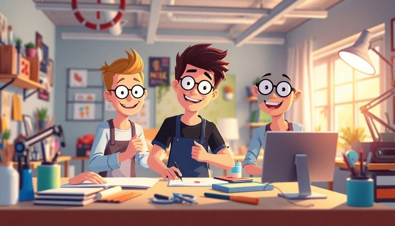 Animationsstudio mit Künstlern, die kreativ an digitalen Projekten arbeiten, um innovative Animationen zu schaffen.