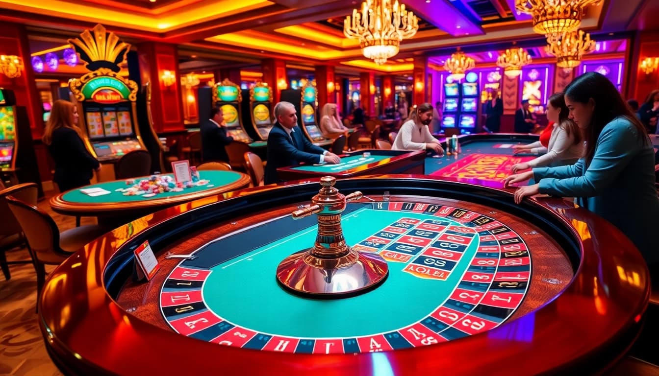 Luck8 players enjoy an exciting game at a vibrant casino table filled with colorful chips and cards.