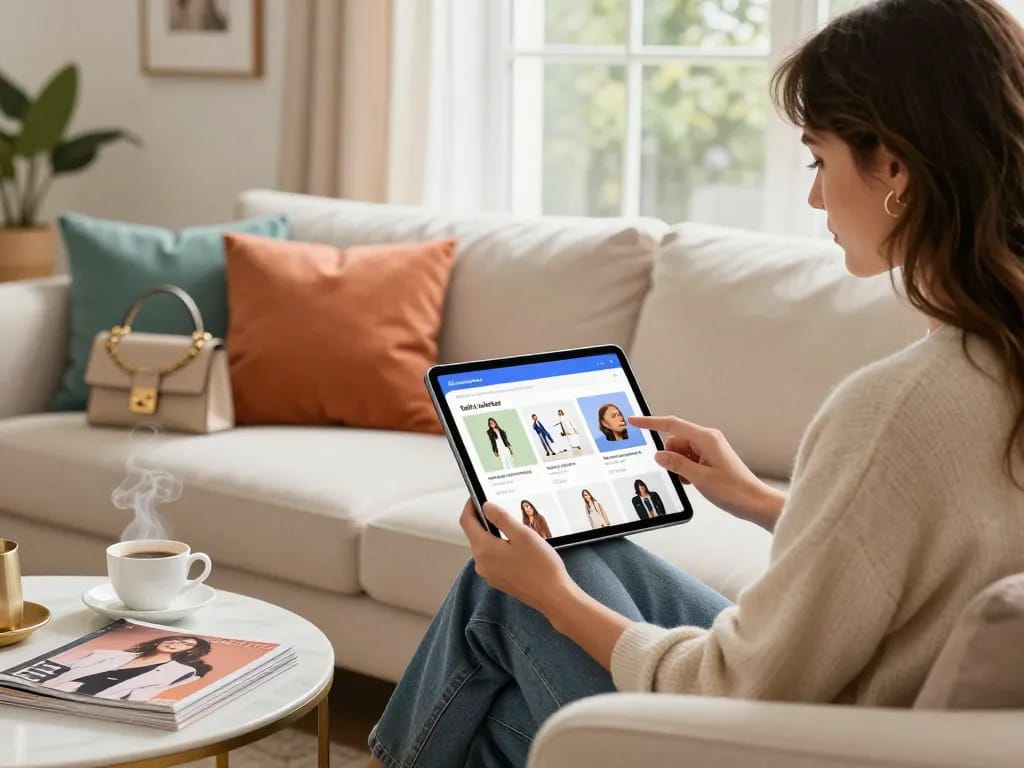 Frau, die Produkte mit dem Hinweis Sofort Lieferbar auf einem Tablet in einem stilvollen Wohnzimmer durchsucht.