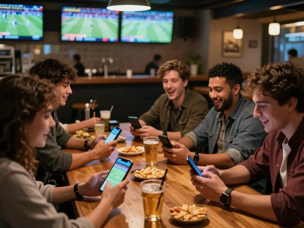 Sparking excitement at a sports bar as friends engage in 79sodoe betting during a live game.