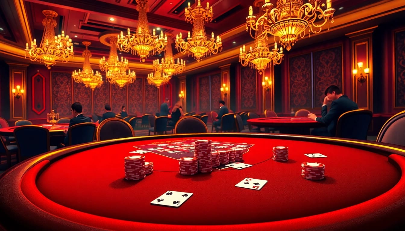 Engage in high-stakes gambling at 222BD with luxurious casino tables, cards, and vibrant chips.