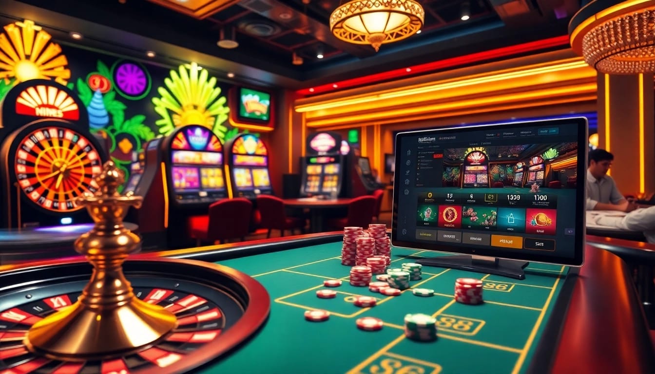 Exciting casino scene highlighting 88i with roulette, poker table, vibrant slot machines, and online gaming elements.