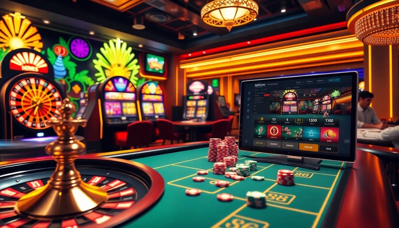 Exciting casino scene highlighting 88i with roulette, poker table, vibrant slot machines, and online gaming elements.