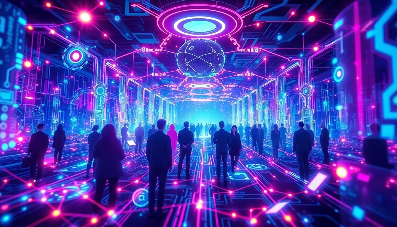 Explore the dynamic digital landscape of 18+ AI technologies, showcasing interactive interfaces and diverse users.