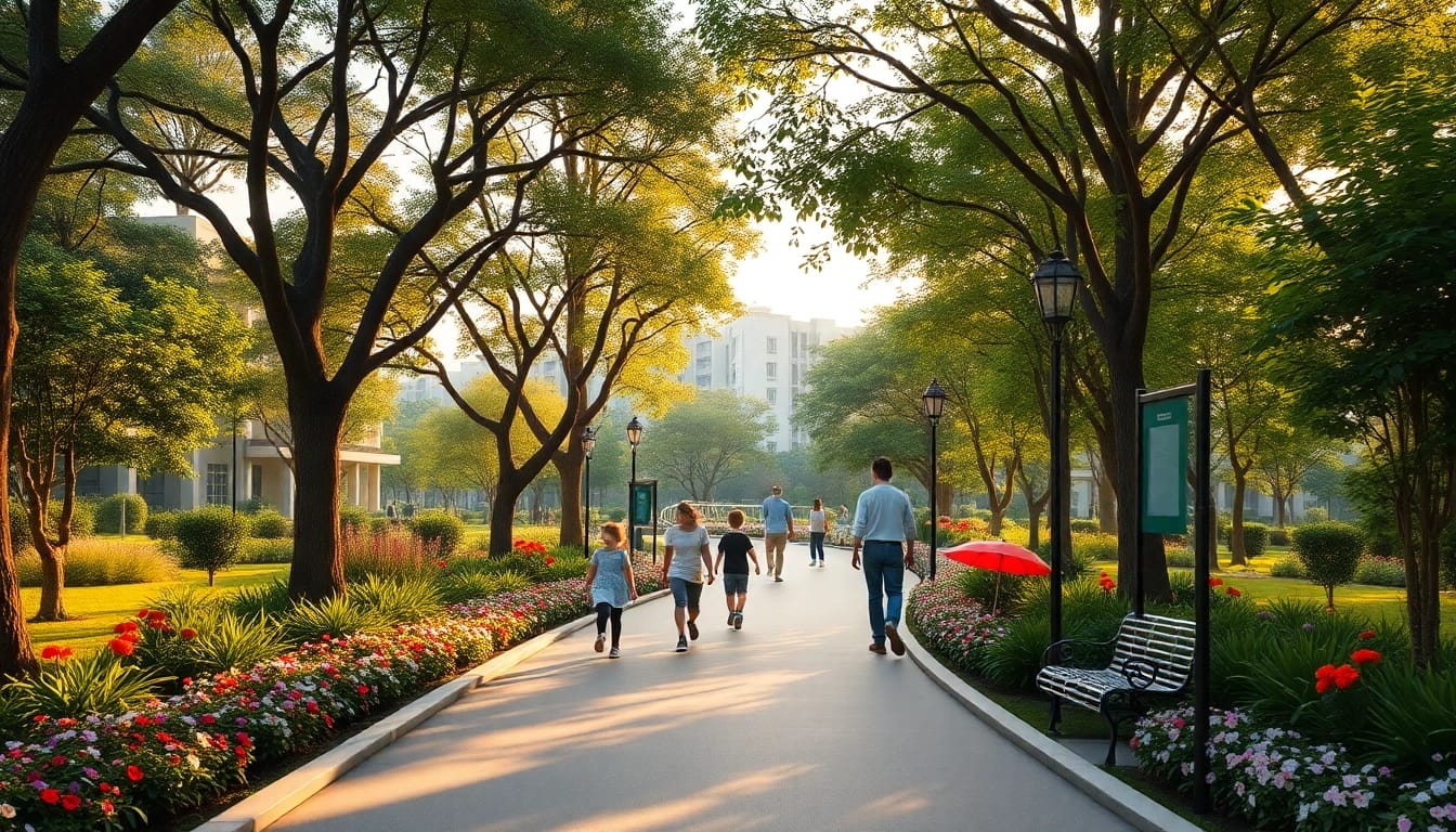 A scenic view of tampines st 95 ec showcasing community life with greenery and happy residents.
