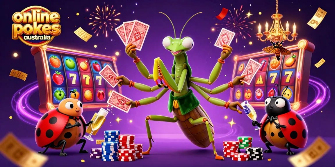 Play online pokies Australia with vibrant scenes featuring a giant praying mantis card sharp and lucky charms.