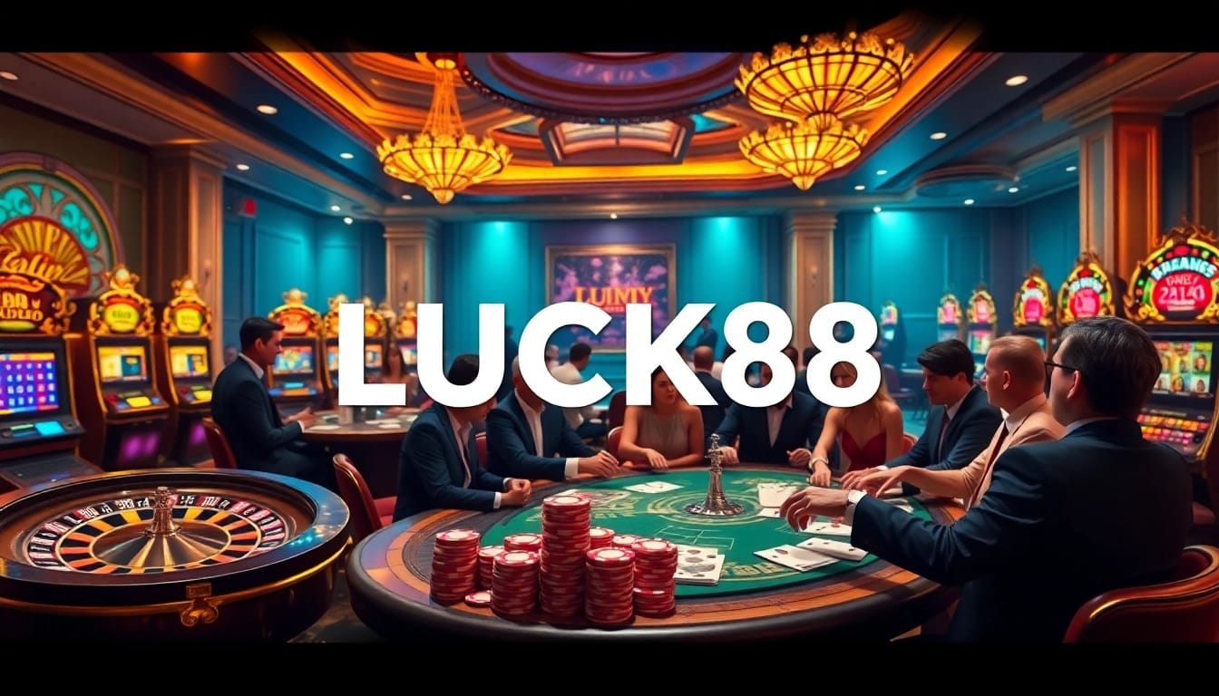 LUCK8 casino scene with gamblers enjoying poker and roulette, showcasing excitement and luxury.