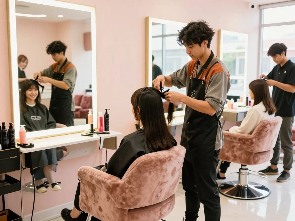 Cabeleireiro perto de mim - Uma cena vibrante de salão mostrando um estilista cortando cabelo em uma atmosfera aconchegante.