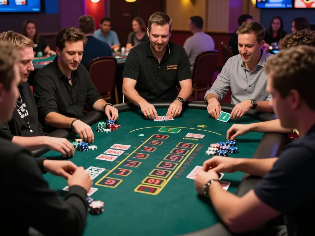 Players strategizing at a blackjack table showcasing Vmax gaming intensity in a lively casino atmosphere