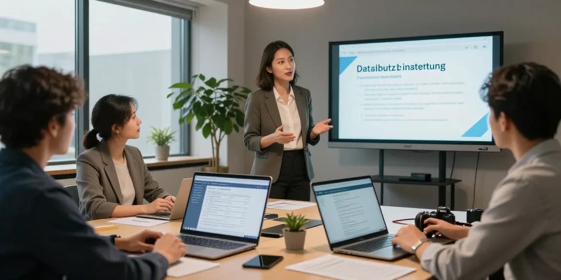 Consultant demonstrating Datenschutz Dienstleistung in a professional office meeting.