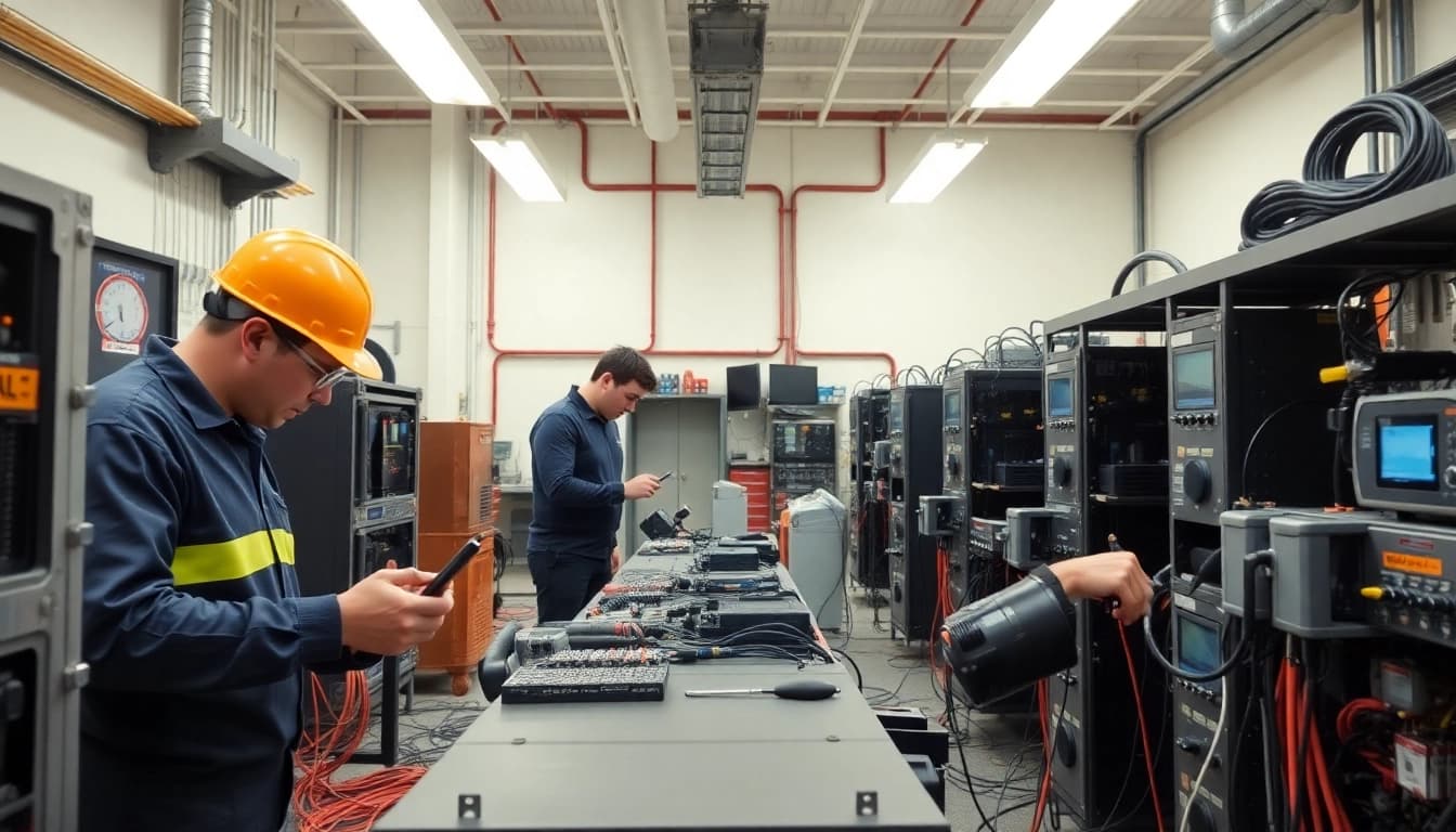 Technicians conducting DGUV V3 Prüfung on electrical equipment, ensuring safety standards are met.
