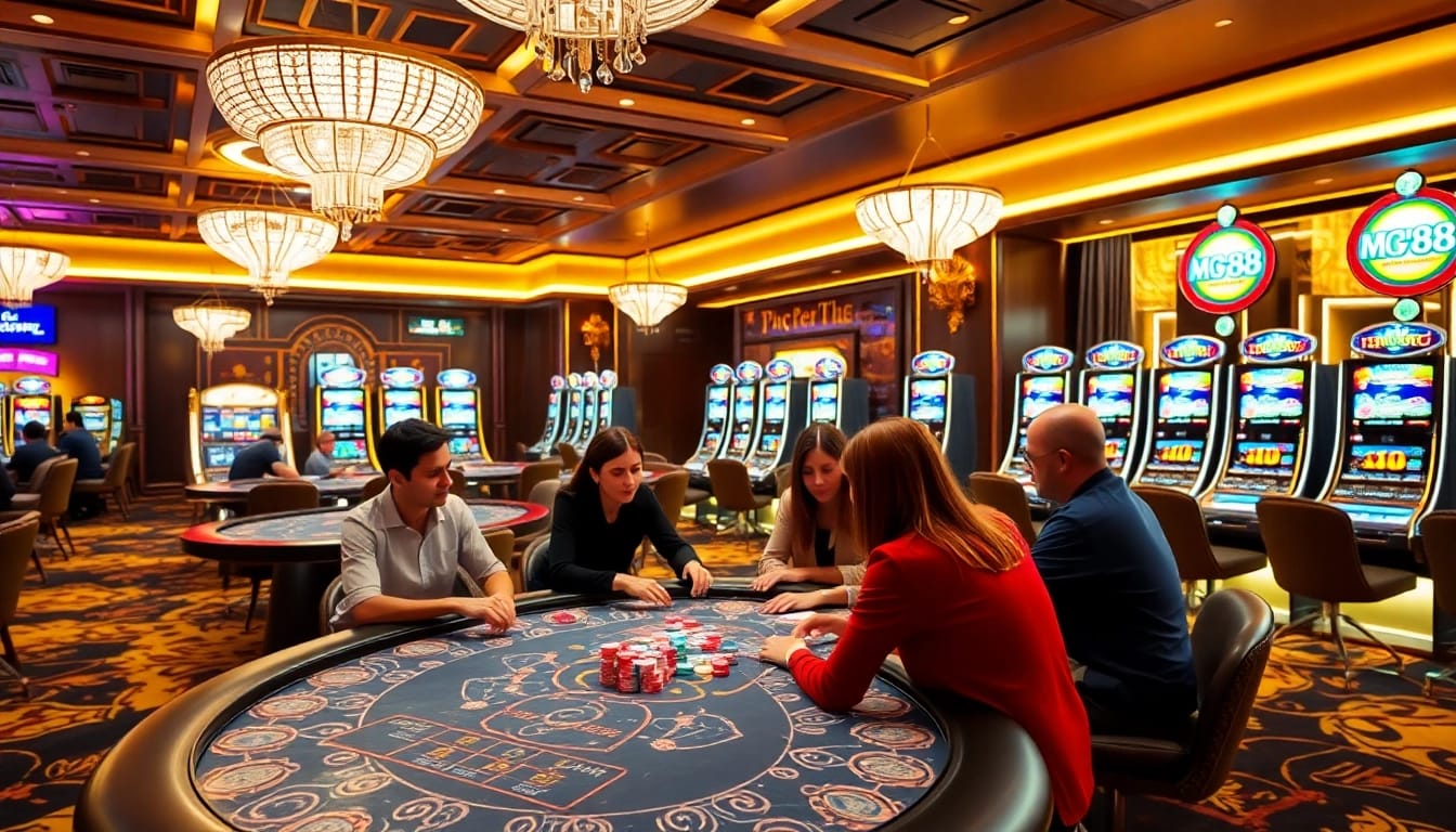 Players winning at mv88 casino with vibrant poker chips and cards on an elegant table.