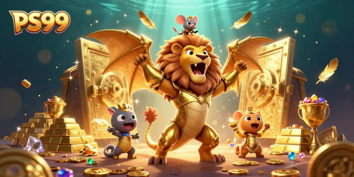 Experience thrilling wins at PS99 with a vibrant 3D casino scene featuring majestic elements.
