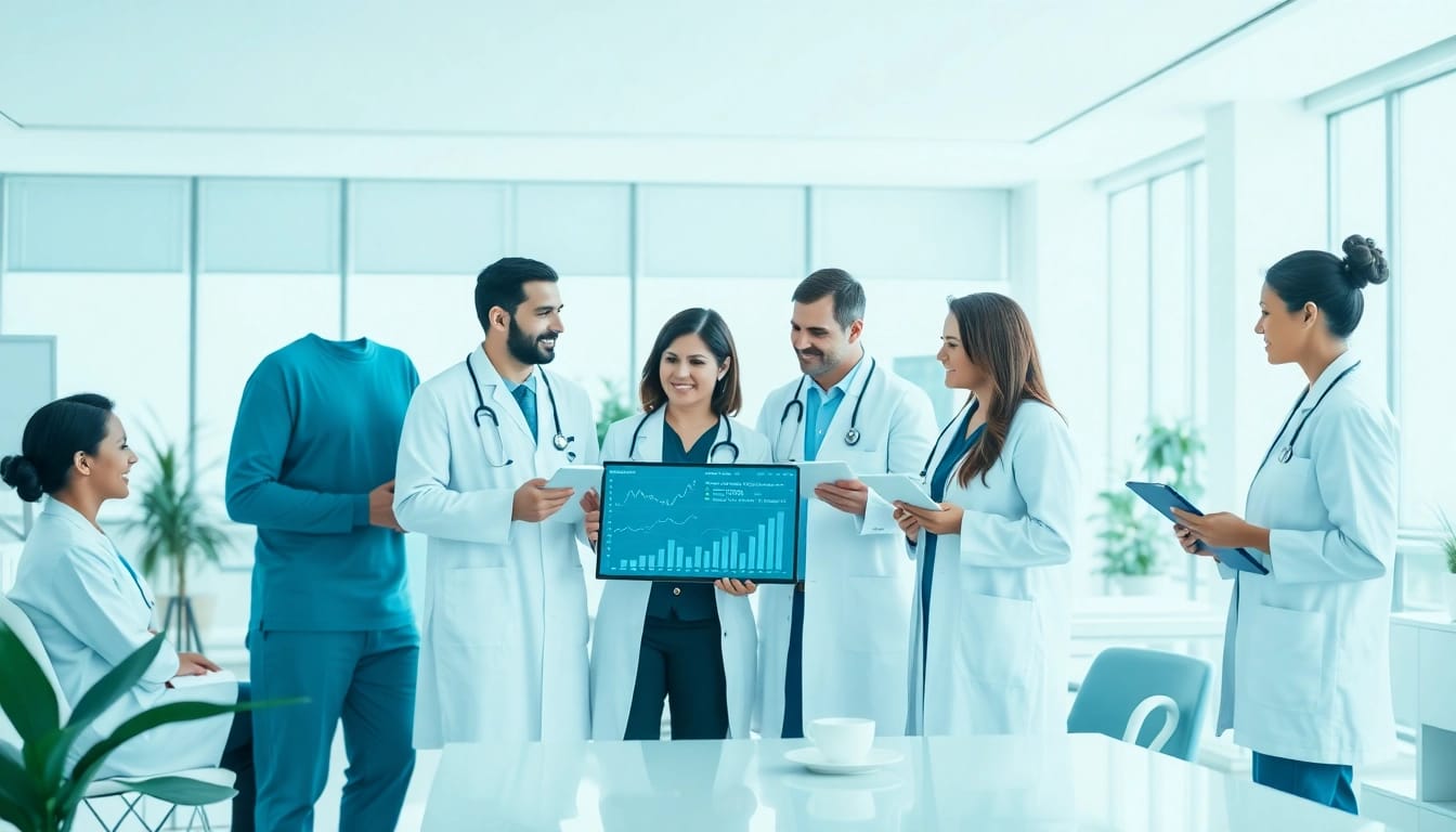 Enhance pflege marketing strategies by showcasing a diverse team collaborating in a modern healthcare setting.