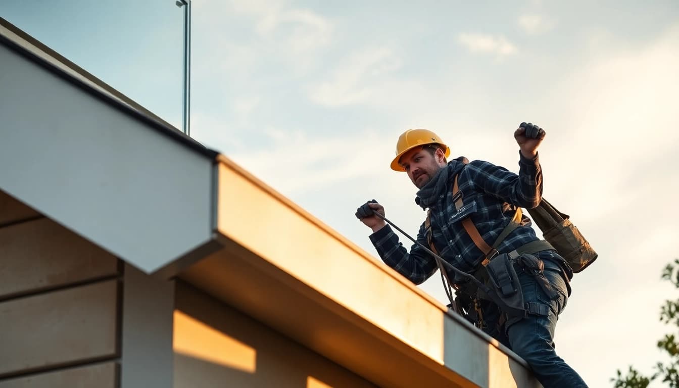 Dachdecker in Münster repariert ein Dach mit Sorgfalt und Präzision.