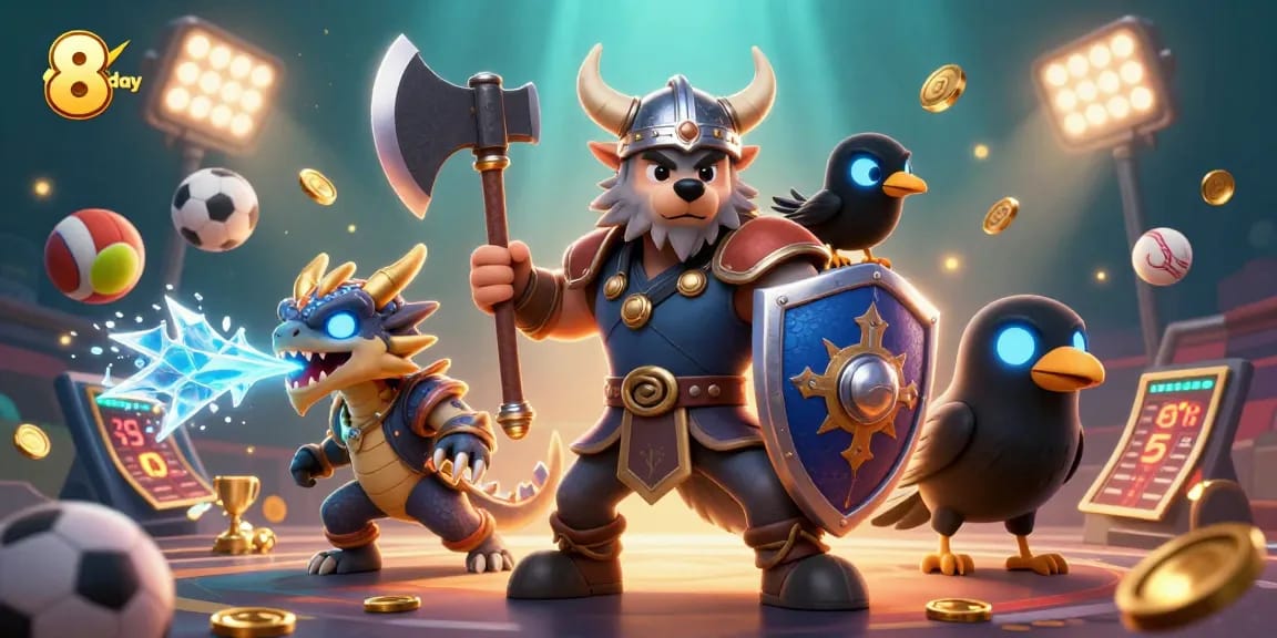Engage with thrilling gaming action at 8 day casino showcasing a Viking warrior, fierce dragon, and vibrant game elements.
