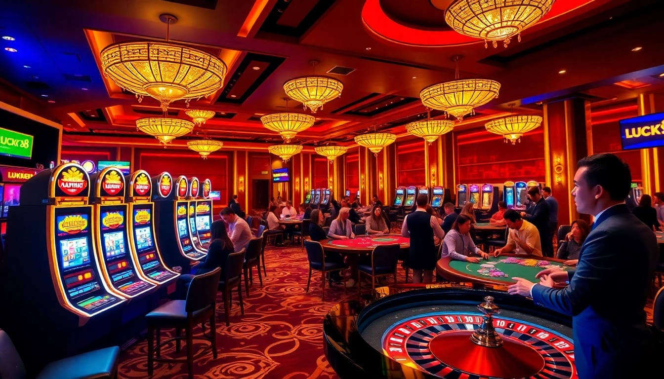 Trải nghiệm sự hứng khởi tại LUCK8 và LUCKY8 với cảnh casino sống động có máy đánh bạc và bàn poker.