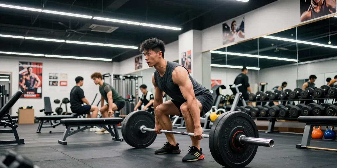 Anabolika-Shop - Bodybuilder hebt Gewichte im modernen Fitnessstudio, motivierende Atmosphäre.