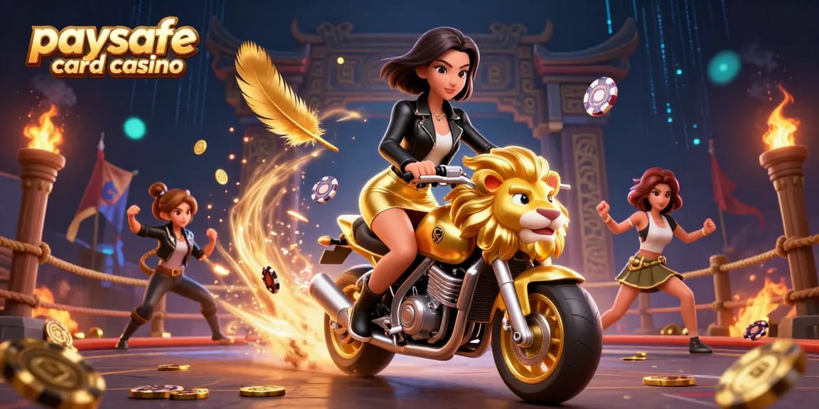Illustration eines Paysafe Card Casinos mit einer glamourösen Frau auf einem goldenen Löwenmaskottchen, umgeben von lebhaften Casino-Elementen.