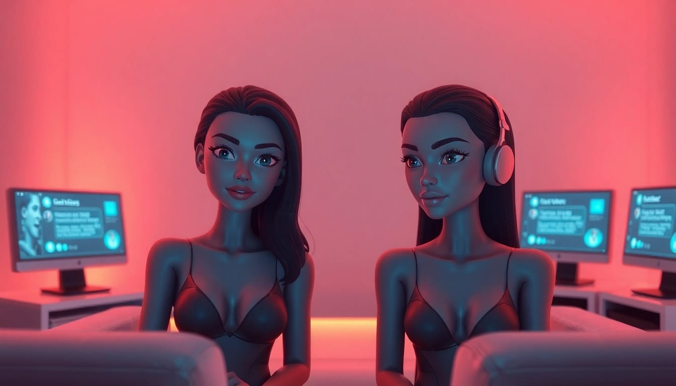 Engaging AI chat sex conversation in a futuristic virtual room with digital avatars.