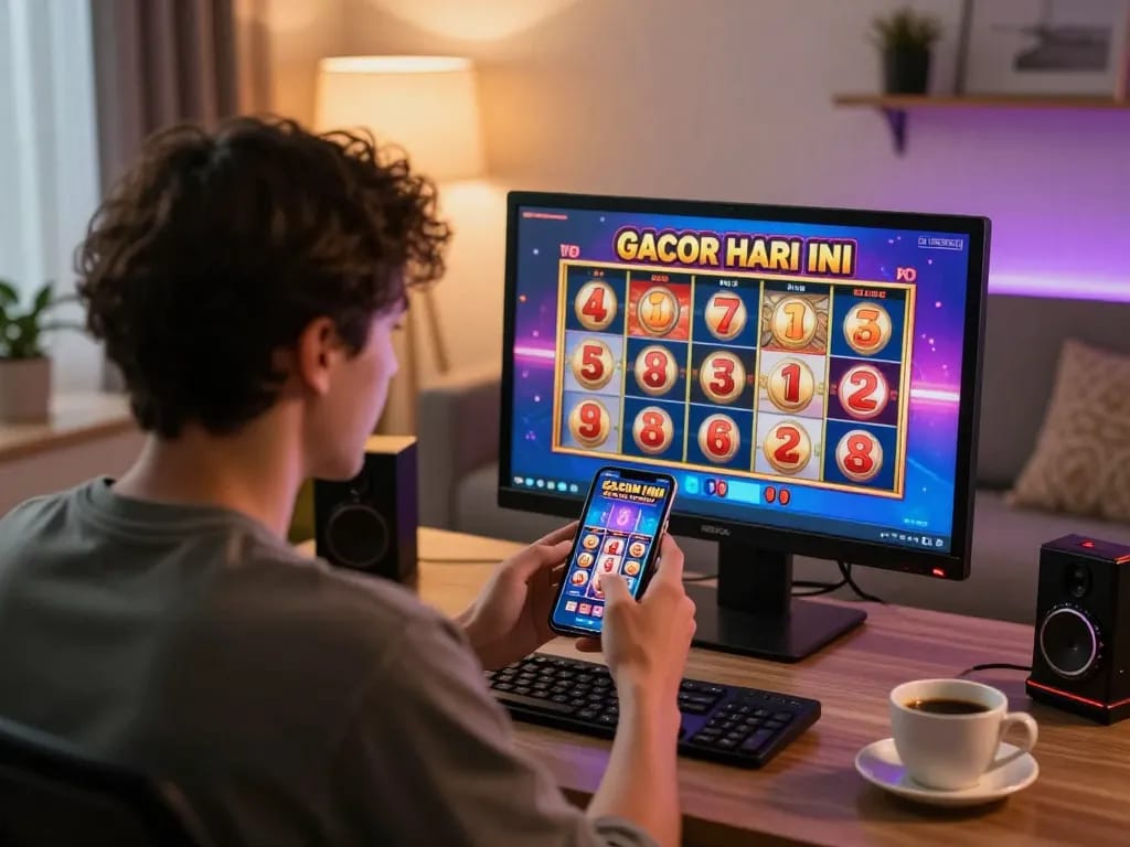 Engaging with slot gacor hari ini on smartphone, showcasing exciting gameplay in a cozy home setting.