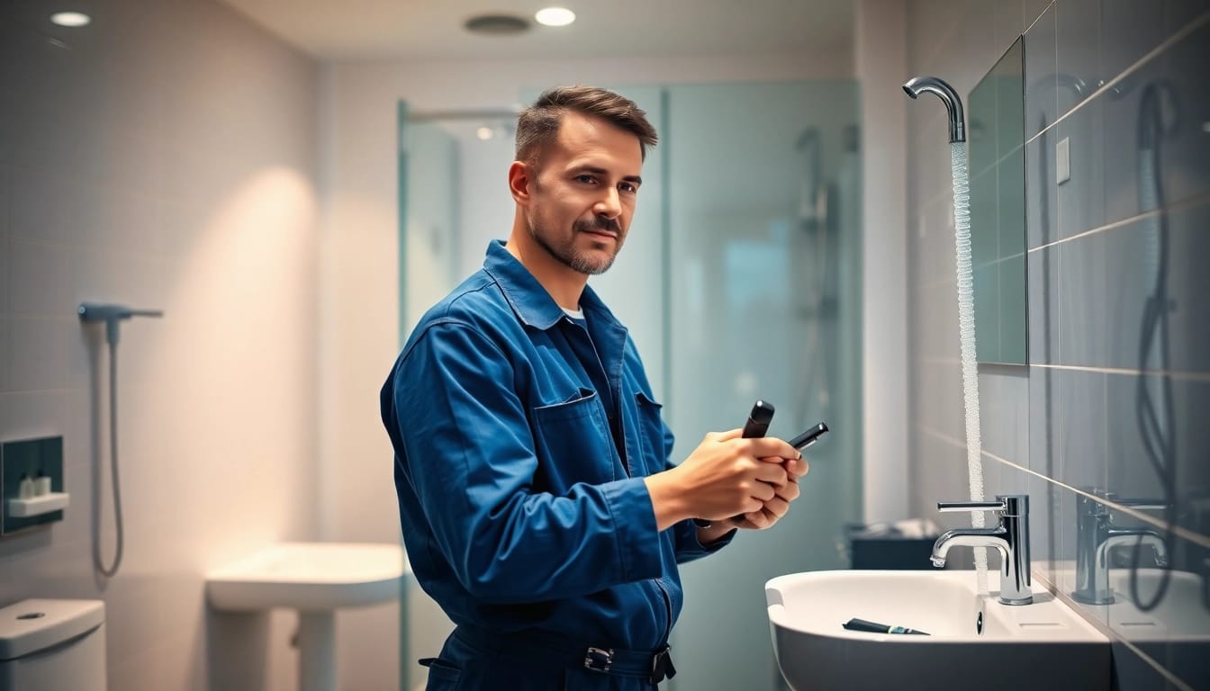 Sanitär Notdienst: Effizienter Techniker repariert eine undichte Wasserleitung in einem modernen Badezimmer.