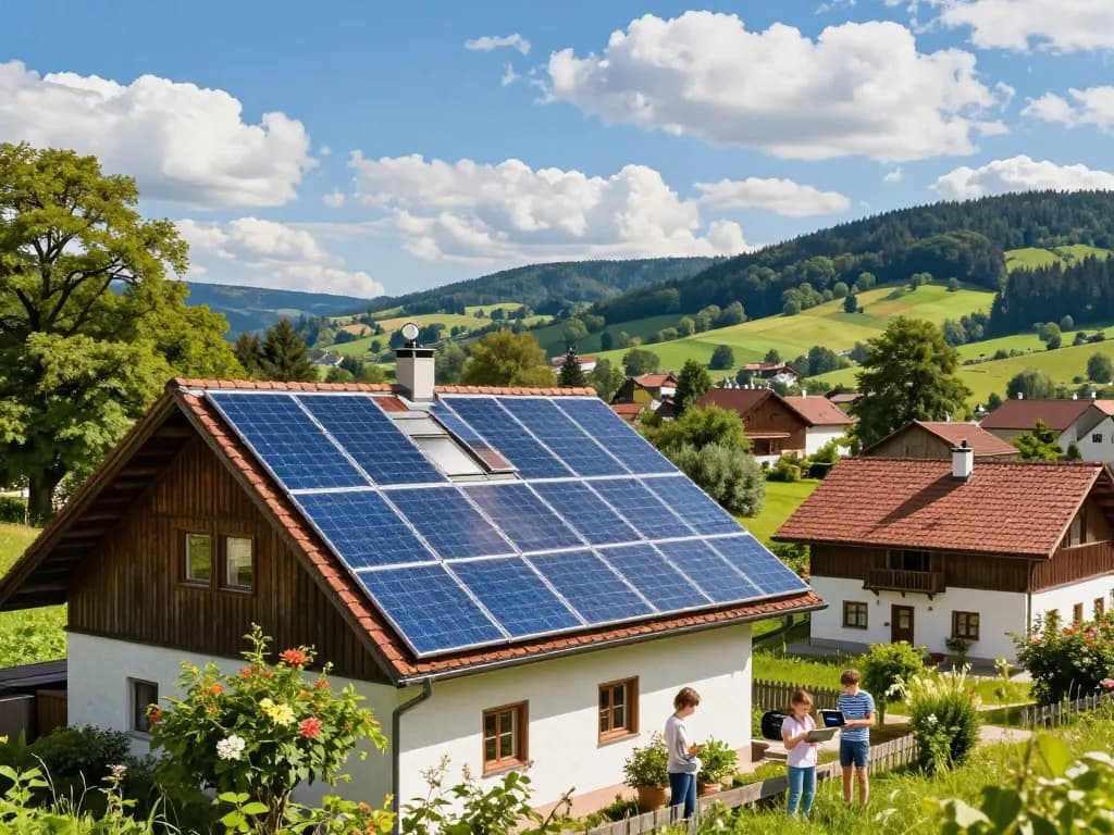 Photovoltaik Bayern Solarmodule auf bayerischen Häusern, die Energieeffizienz und Nachhaltigkeit zeigen.