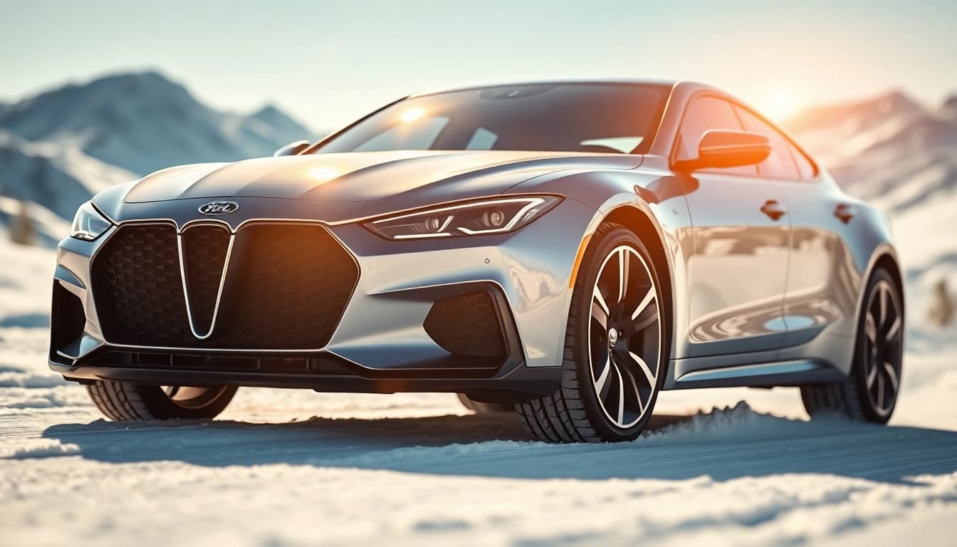 Auto Kufen auf einem leistungsstarken Fahrzeug in schneebedeckter Landschaft präsentieren.