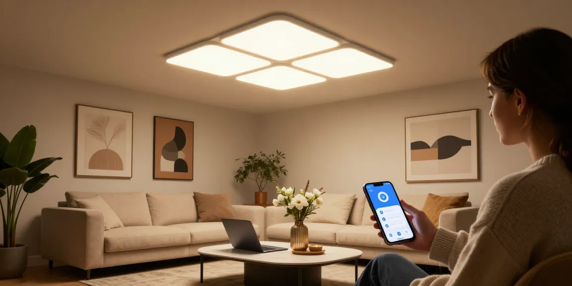 Mein Nanoleaf Skylight Review in a stylish living room with smart lighting ambiance.