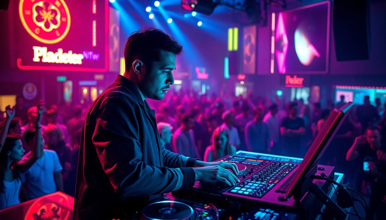 DJ in München begeistert die Menge mit pulsierender Musik in einer bunten Nachtclub-Atmosphäre.