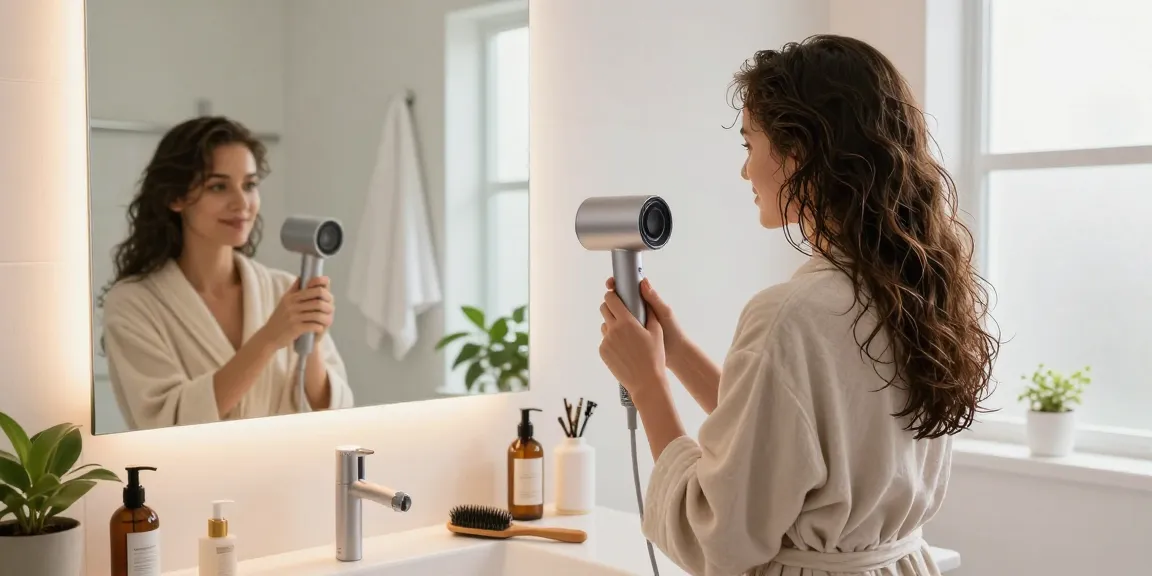 Stylish woman using a mini hair dryer in a bright bathroom setting.