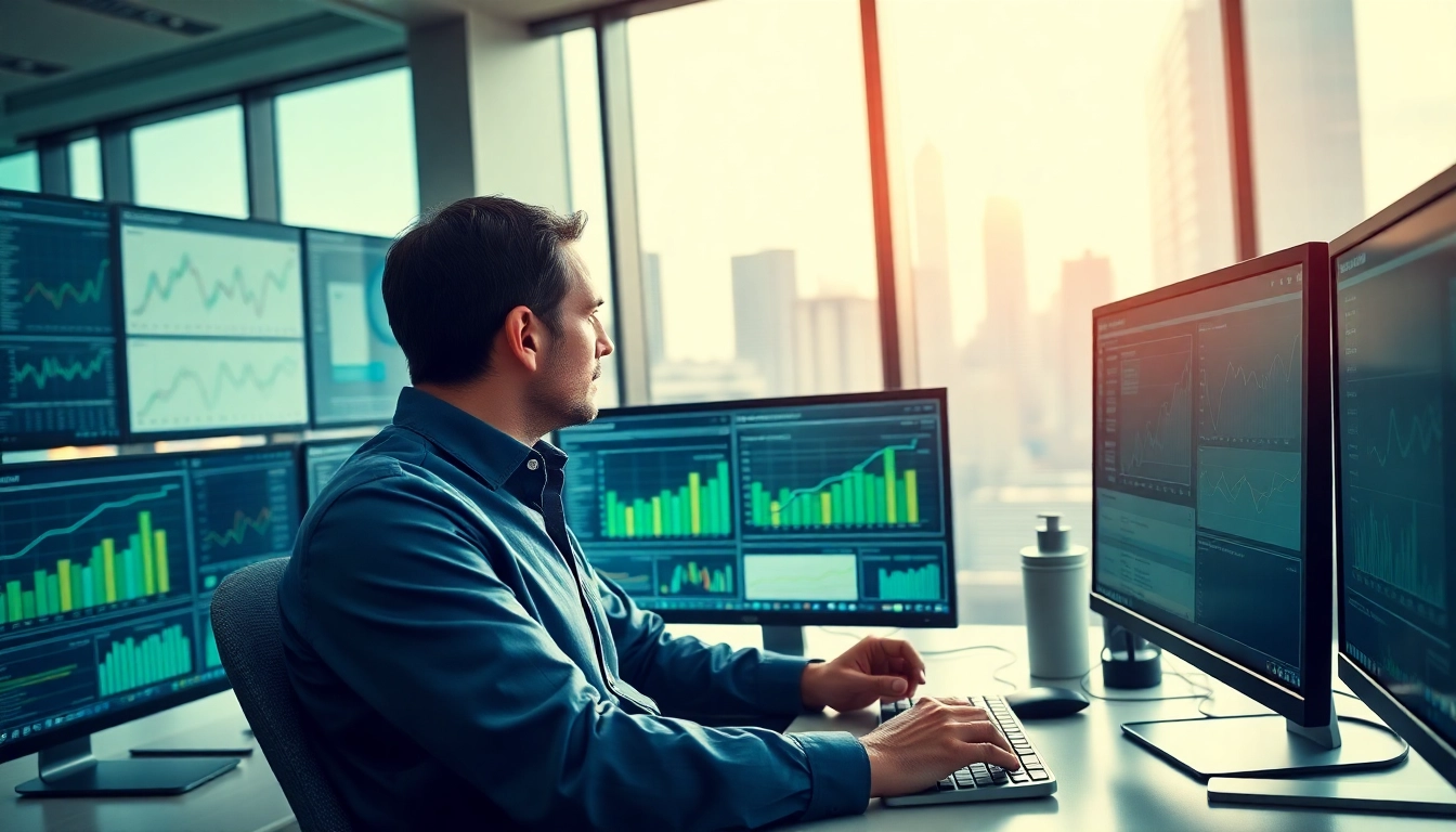 Analyst evaluates Internet Trends with data visualizations in a busy office