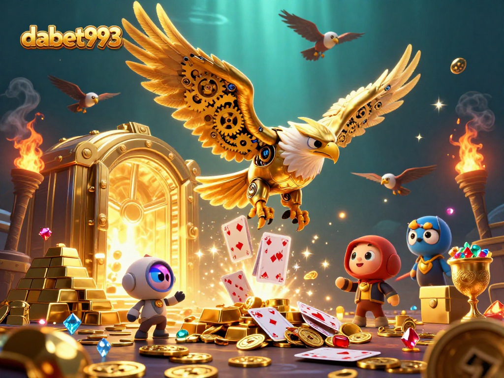 Experience the thrill of dabet993 as the cybernetic eagle dives through sparkling holographic cards.