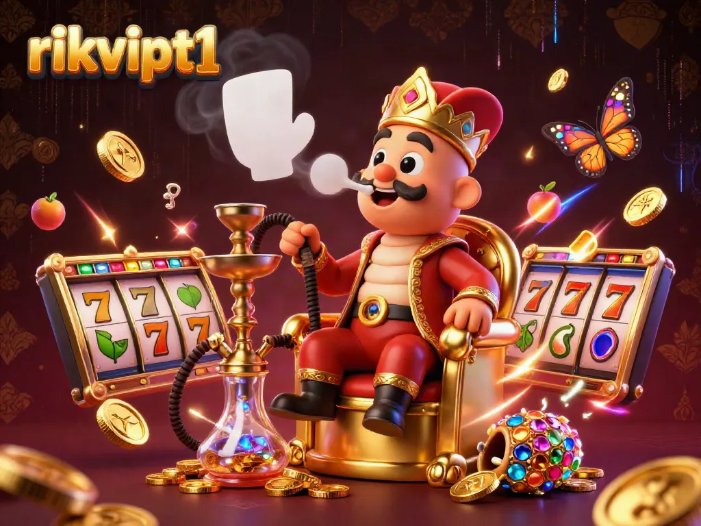 Experience the excitement at rikvipt1 with a grand 3D casino scene showcasing vibrant slot symbols and fun
