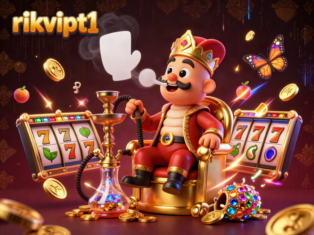 Experience the excitement at rikvipt1 with a grand 3D casino scene showcasing vibrant slot symbols and fun