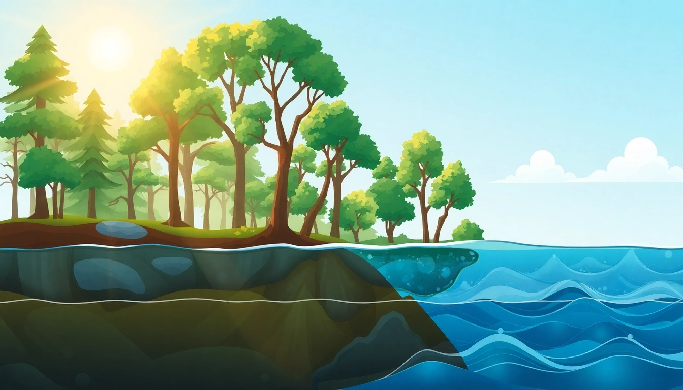 Visual representation of Klima showing forests, skies, and sea levels reflecting climate change awareness.