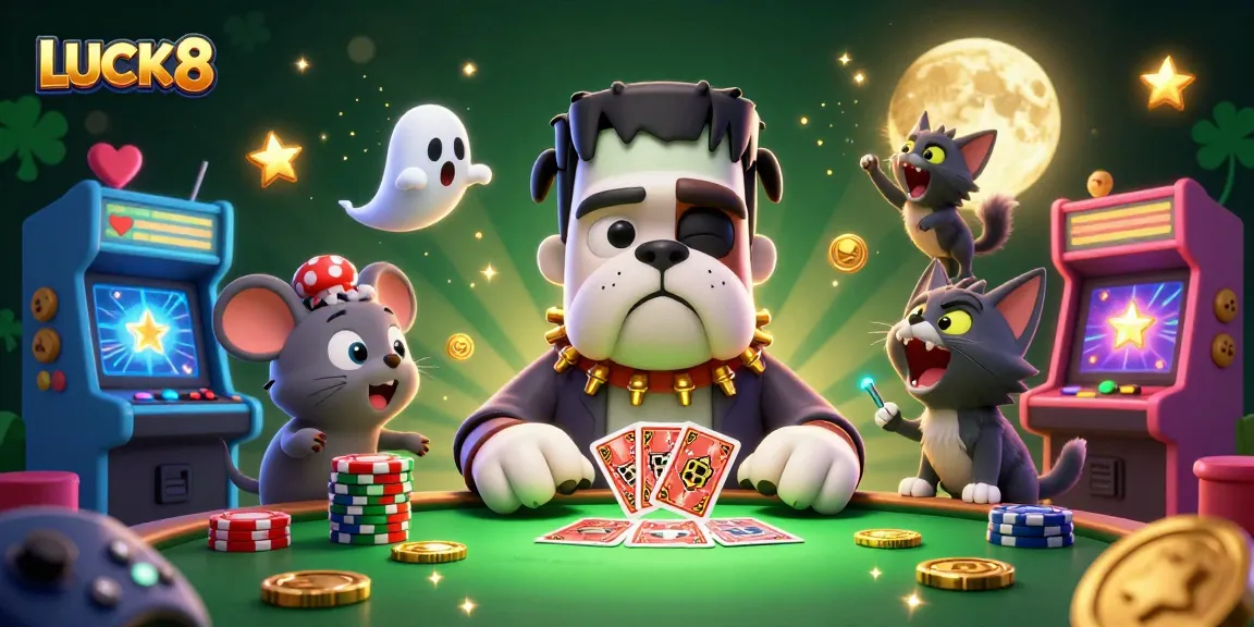 Experience LUCK8's thrilling casino adventure with a vibrant 3D scene featuring unique characters and vibrant gaming elements.