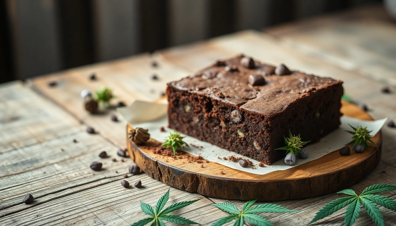 Genießen Sie diese köstlichen Weed Brownies, frisch gebacken und dekoriert mit Kakaopulver und Cannabisblüten.