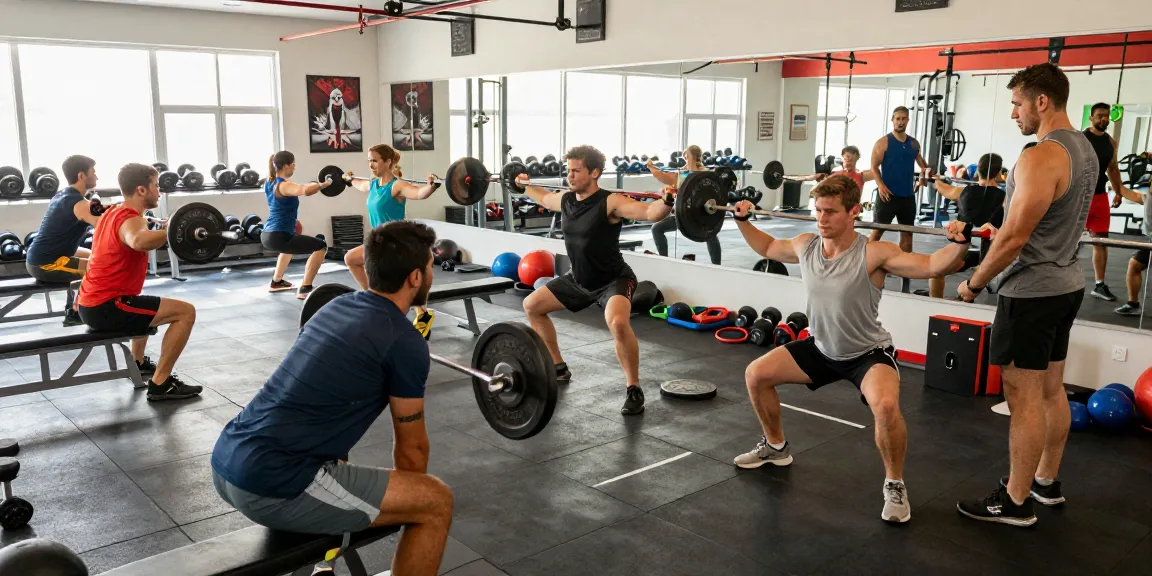 Anabolika Shop scene showcasing diverse bodybuilders actively training in a bright gym, focusing on strength and fitness.