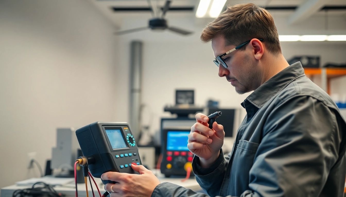 Techniker bei der DGUV V3 Prüfung von elektrischen Geräten in einem modernen Büro mit Prüfgeräten.