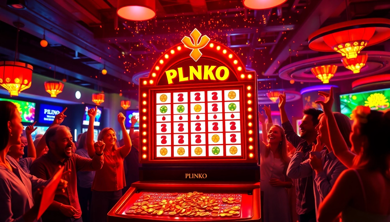Experience the thrill of winning at a plinko casino with players celebrating around the vibrant game board.