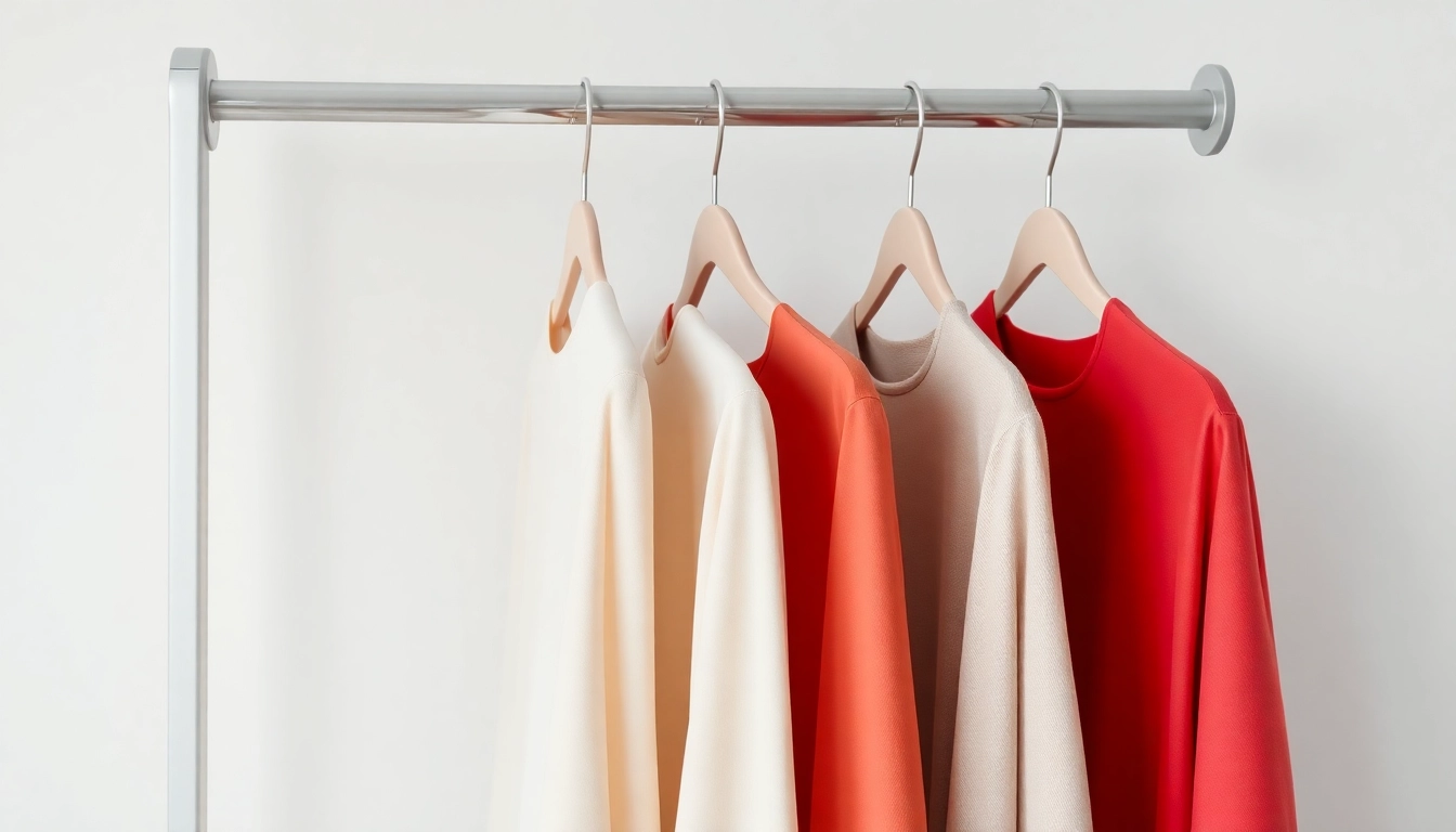 Kunststoff kleiderbügel in verschiedenen Farben, stylish ausgestellt auf einem Kleiderständer.