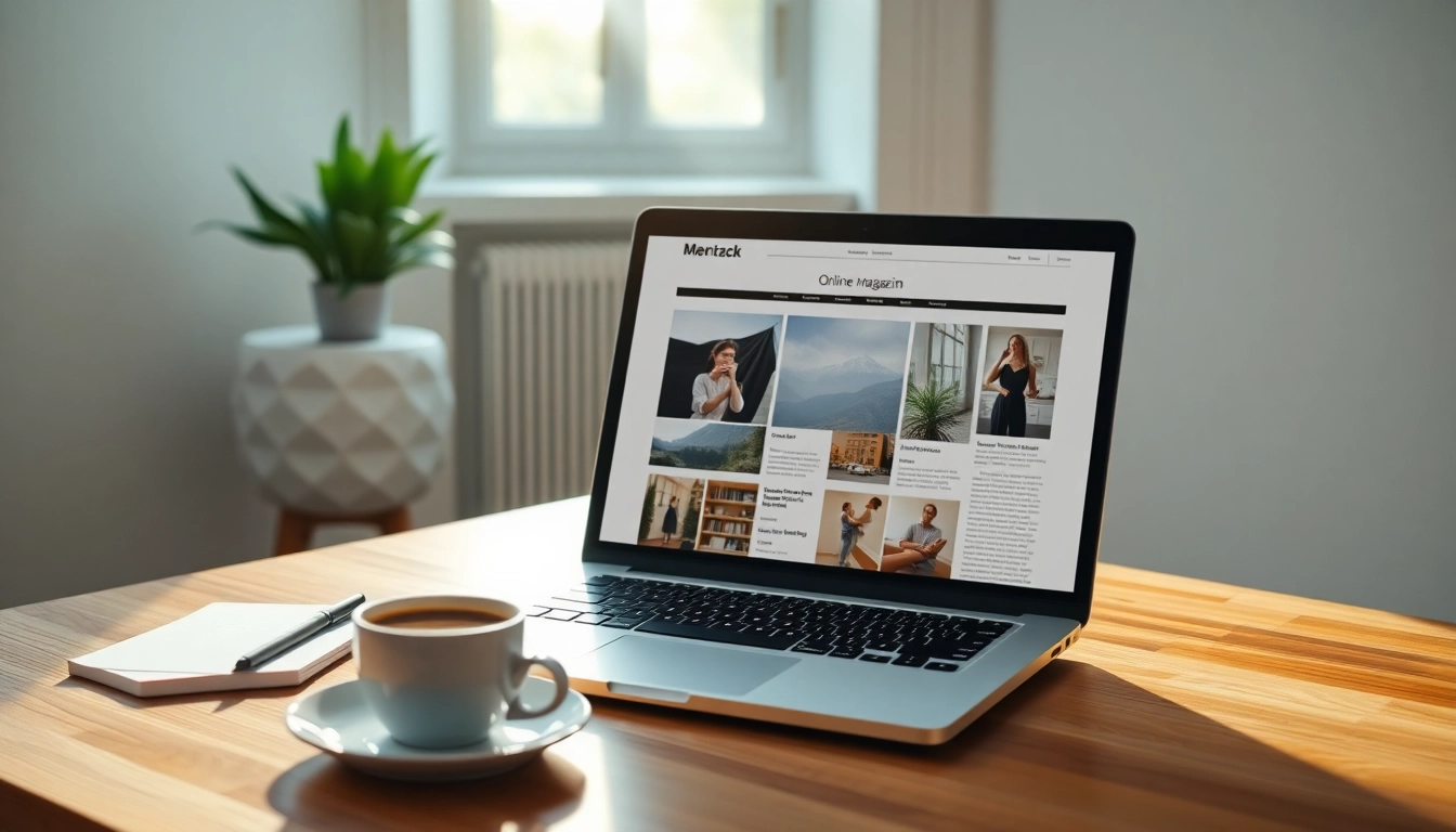 Einblick in ein Onlinemagazin auf einem Laptop, umgeben von Notizen.