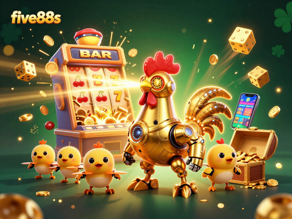 Experience the vibrant action of five88s with a golden rooster robot and baby chick drones in a dynamic casino scene.